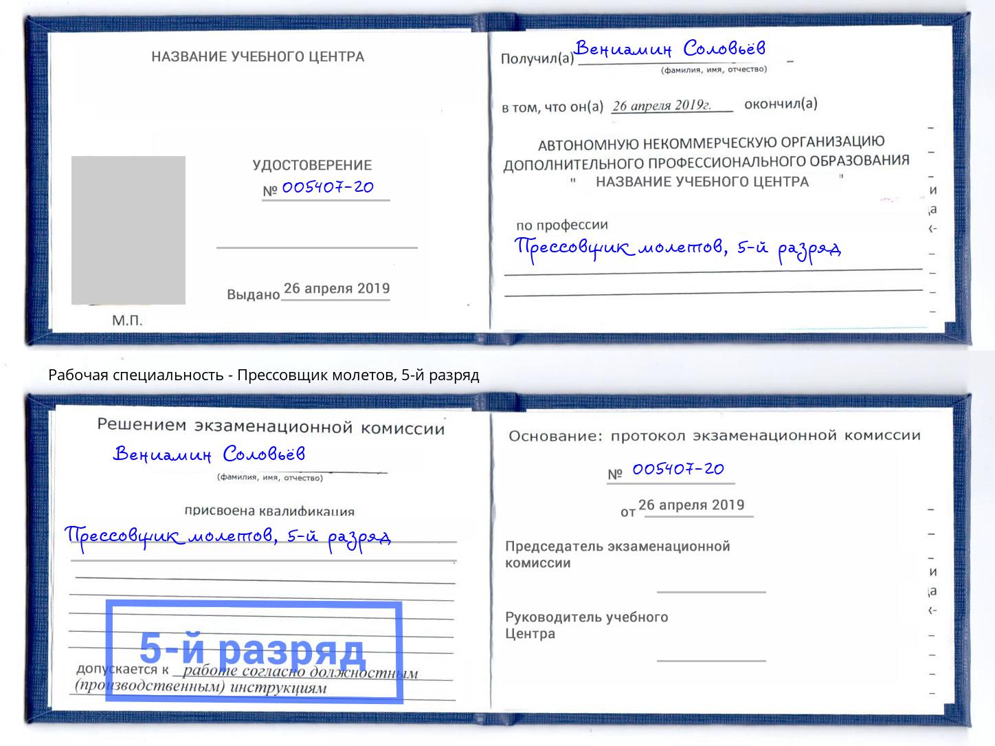 корочка 5-й разряд Прессовщик молетов Рузаевка