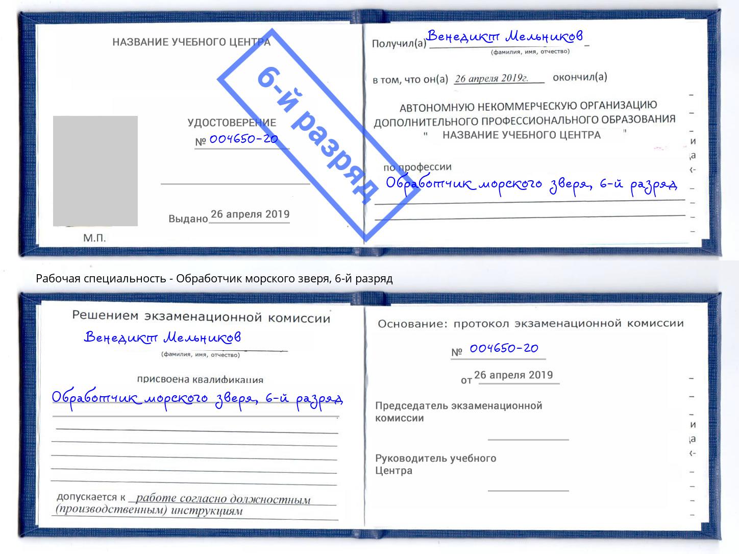 корочка 6-й разряд Обработчик морского зверя Рузаевка