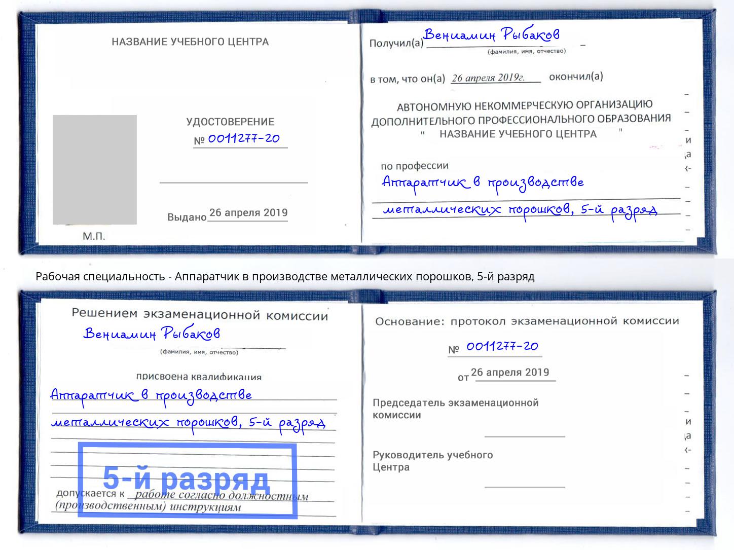 корочка 5-й разряд Аппаратчик в производстве металлических порошков Рузаевка