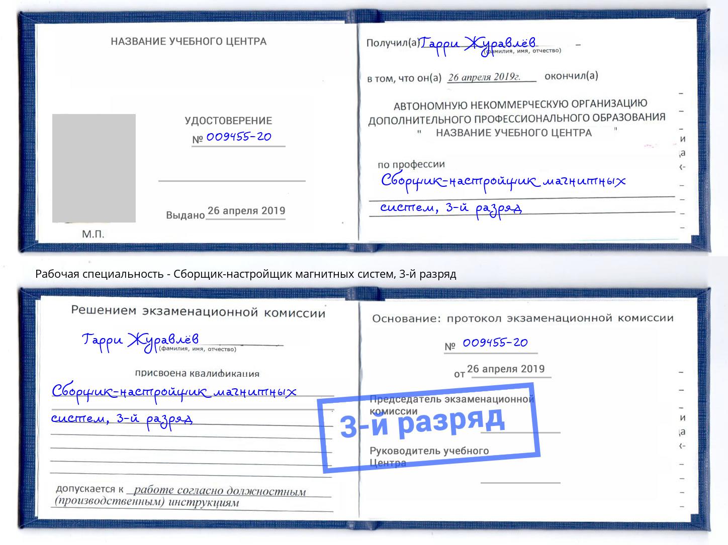 корочка 3-й разряд Сборщик-настройщик магнитных систем Рузаевка