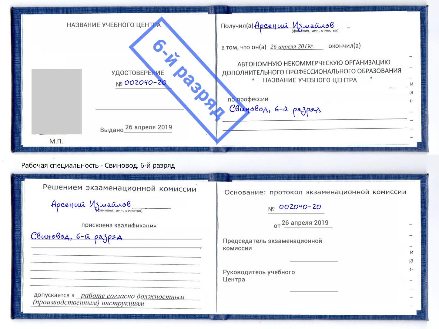 корочка 6-й разряд Свиновод Рузаевка