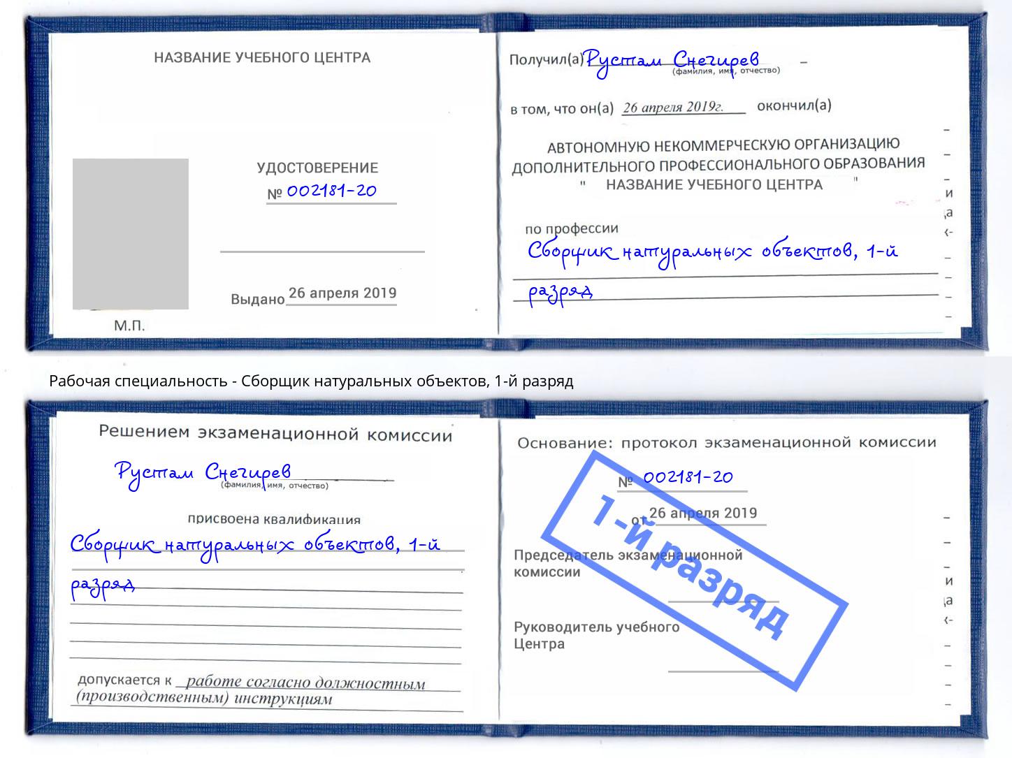 корочка 1-й разряд Сборщик натуральных объектов Рузаевка