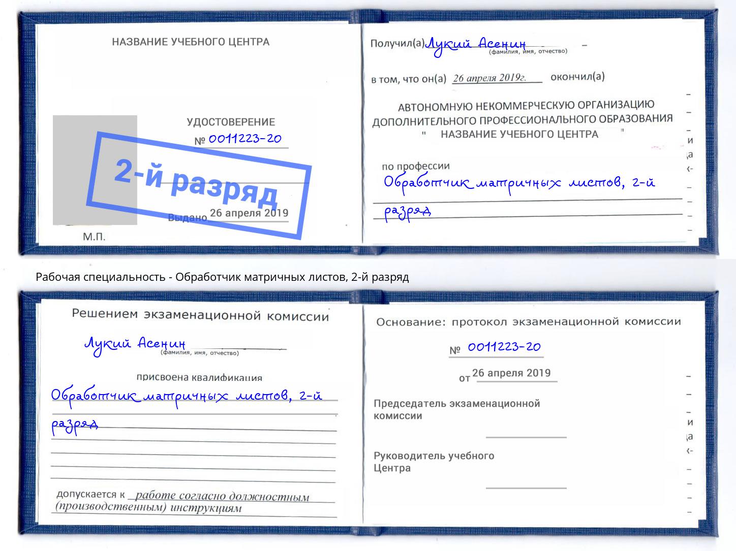 корочка 2-й разряд Обработчик матричных листов Рузаевка
