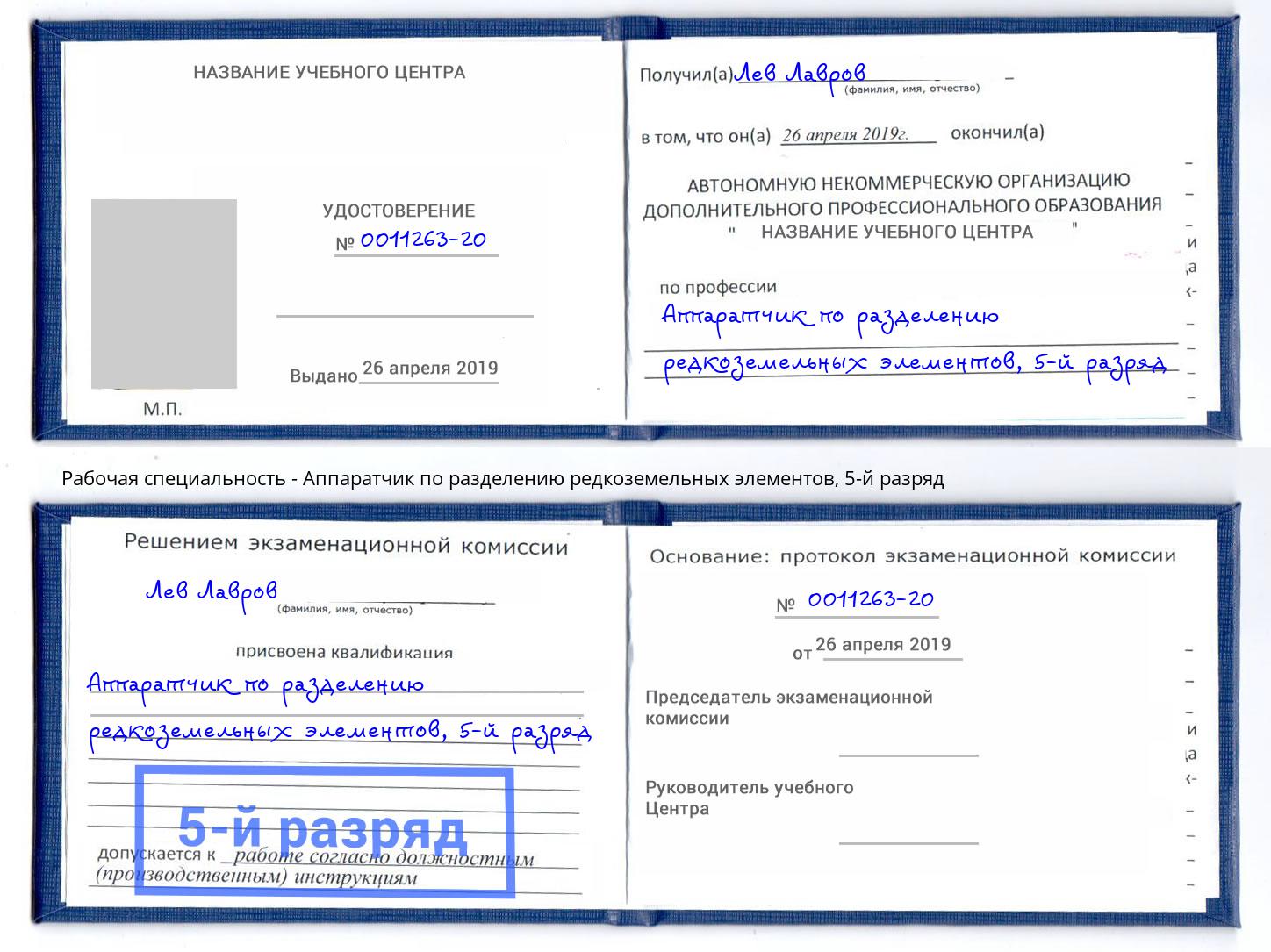 корочка 5-й разряд Аппаратчик по разделению редкоземельных элементов Рузаевка