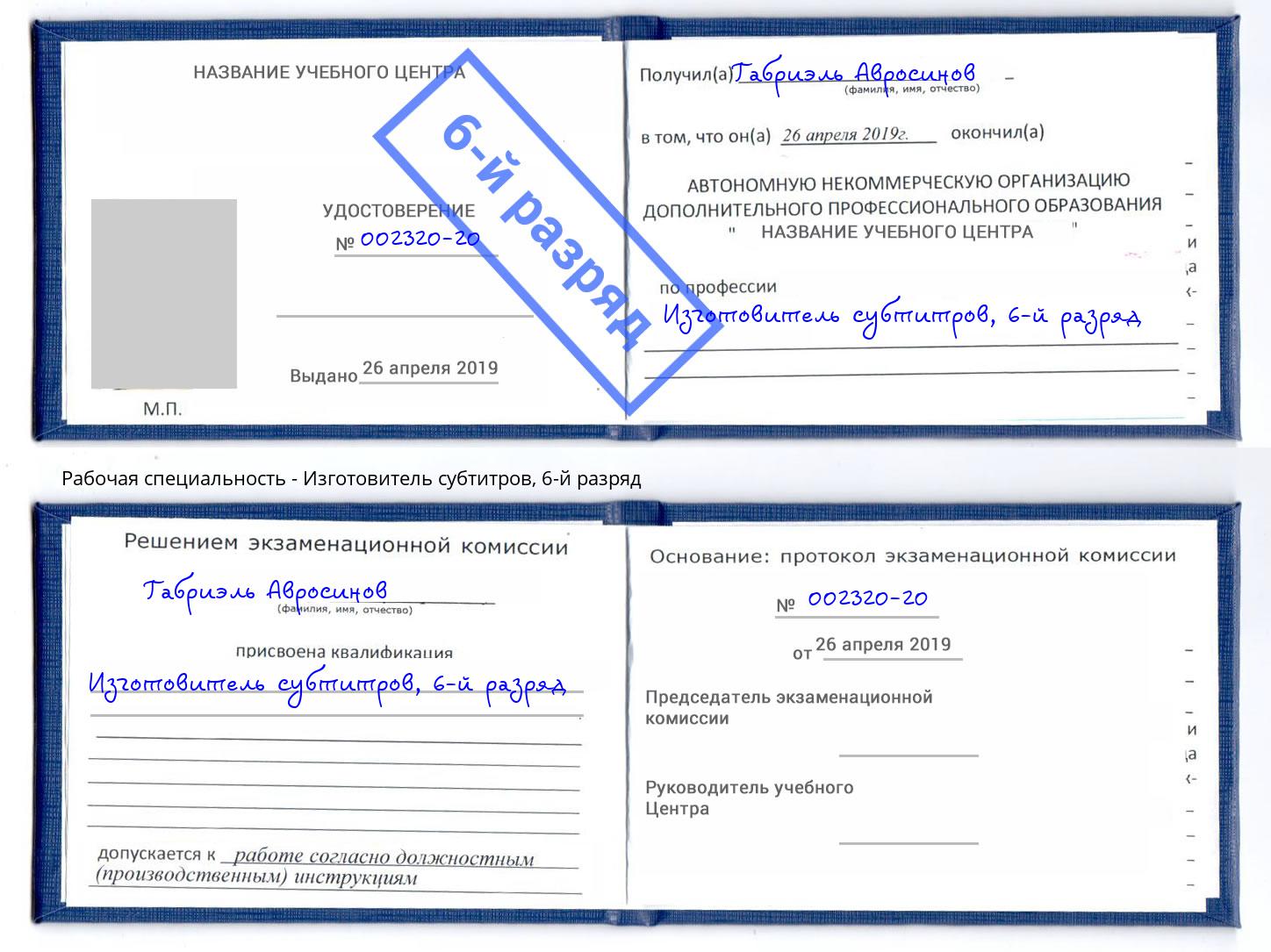 корочка 6-й разряд Изготовитель субтитров Рузаевка